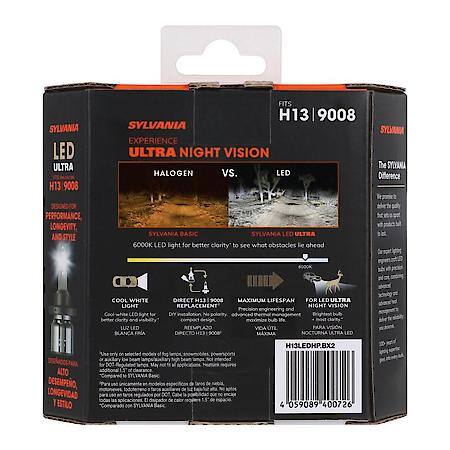 H13: LED Ultra Powersports Headlight or Fog Bulb, 6000K Cool White Light, 2 Pack