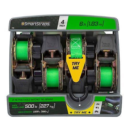 1" x 6' Green Retractable Standard Duty Ratchet Tie Down Straps, 4 Pack
