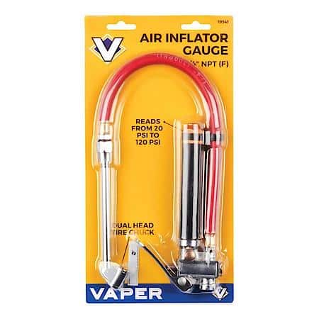 Air Line Inflator Gauge - 20-120 PSI Range, Flexible Hose, Dual-Head Chuck