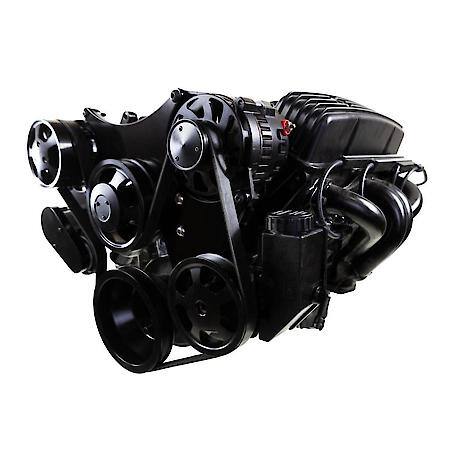 Chevy Small Block Black Serpentine Front Drive System with Integral Power Steering Reservoir