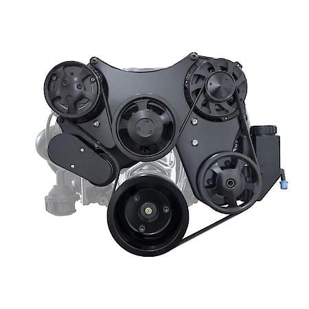 Chevy Small Block Black Serpentine Front Drive System with Integral Power Steering Reservoir