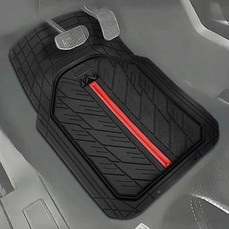 Car and SUV Floor Mat, Black/Matt Red Stripe Rubber, Sporty, All-Season, Trim to Fit, 4 Piece