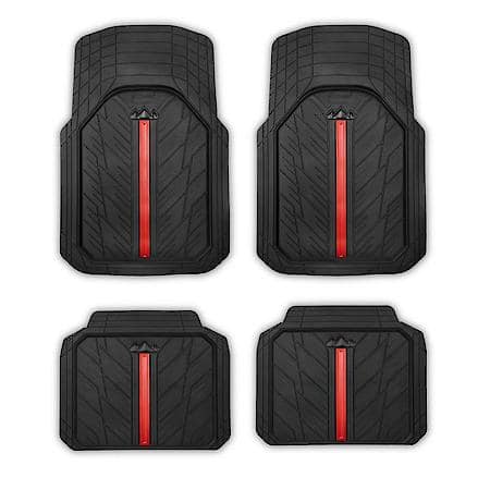 Car and SUV Floor Mat, Black/Matt Red Stripe Rubber, Sporty, All-Season, Trim to Fit, 4 Piece