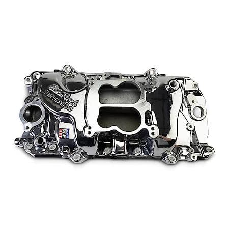 Performer 2-O Manifold for 1965-90 B/B Chevy Oval Port Heads, Chrome Plasma