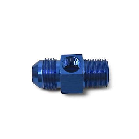 6 AN Male To 3/8" NPT Male Fuel PSI Adapter with 1/8" NPT Port Blue Anodized