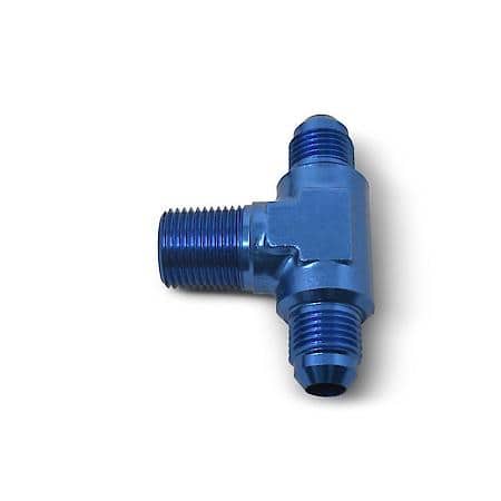 6 AN Male Tee with 3/8" NPT Male on Side Blue Anodized