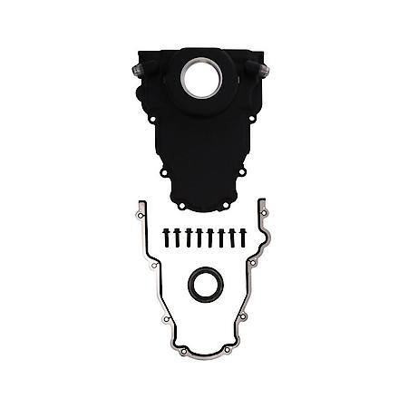GM LS 1-Piece Black Aluminum Timing Cover with Turbo Oil Drain Return, Seal