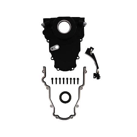GM LS 1-Piece Black Timing Cover, Oil Return, Cam Sensor Harness, Seal