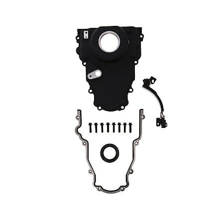 GM LS 1-Piece Black Aluminum Timing Cover with Cam Sensor Harness, Seal