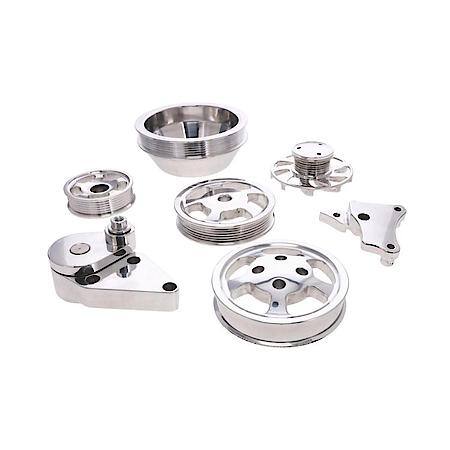 GM LS No A/C Polished Serpentine System, Remote Power Steering Reservoir