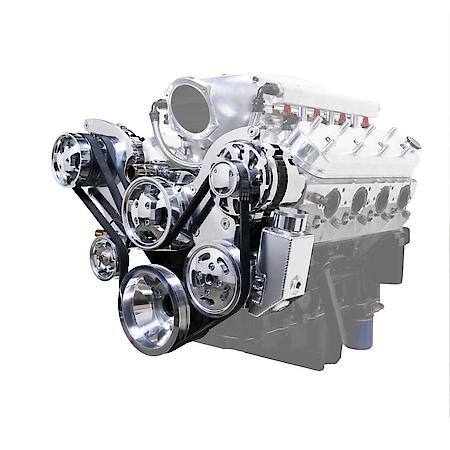 GM LS Polished Serpentine System, Power Steering, 14 oz Fabricated Reservoir