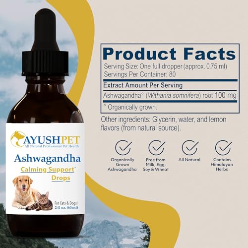 Ayush Pet Stress Support Ashwagandha Drops, Calm and Focus for Dogs or Cats, Alcohol Free Supplement, 2 oz.