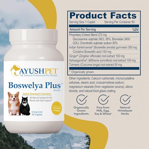 Ayush Pet Boswelya Plus, Joint and Muscle Support for Pets, Ayurvedic Pet Supplement with Boswellia, Ginger, and Bromelain, Large or Small Animals, 90 Vegetarian Caplets