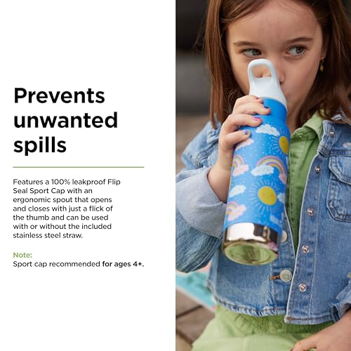 Klean Kanteen 12 oz Classic Kid's Insulated Water Bottle with Flip Seal Sport Cap - 100% Leakproof Cap - BPA-Free - Stainless Steel Material - Rainbows