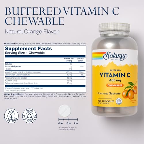 SOLARAY Chewable Vitamin C with Rose HIPS and Acerola Cherry - Buffered Vitamin C for Gentle Digestion - Immune Support Supplement - Natural Orange Flavor, 60-Day Guarantee, 100 Serv, 100 Chewables