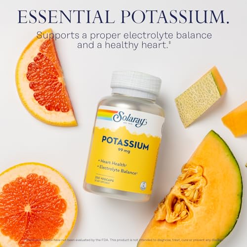 Solaray Potassium 99 mg - Electrolyte Balance Formula - Potassium Supplement for Electrolytes, Vascular and Heart Health Support - 60-Day Money Back Guarantee, Lab Verified, 200 Servings, 200 VegCaps
