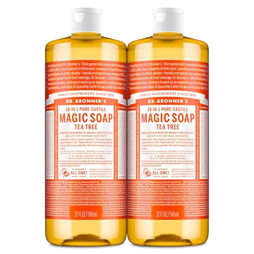 Dr. Bronner's Magic Soap-Pure-Castile Liquid Soap (Tea Tree, 32 ounce, 2-Pack)-Regenerative Organic Certified Oils, 18-in-1 Uses: Body, Hair, Laundry, Pets & Dishes, Concentrated, Vegan, Non-GMO