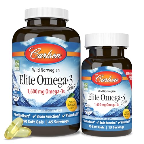 Carlson - Elite Omega-3 Gems,1600 mg Omega-3 Fatty Acids Including EPA and DHA,Norwegian, Wild-Caught fish oil Supplement,Sustainably Sourced Capsules, Lemon, 90+30 Softgels