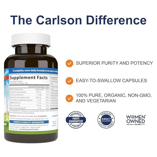 Carlson - Mini-Multi, Small Multivitamin Tablets, Vitamins & Minerals, Immune Support & Heart Health, Optimal Wellness, Mini Multivitamins, Multivitamin Mini Tabs, Easy to Swallow, 180 Mini Tablets