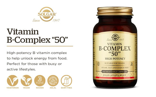 Solgar BComplex “50” Vegetable Capsules Energy Metabolism Cardiovascular Support Nervous System Support NonGMO Vegan Gluten Free Dairy Free Kosher Halal Servings, Standard Packagaing, 100 Count