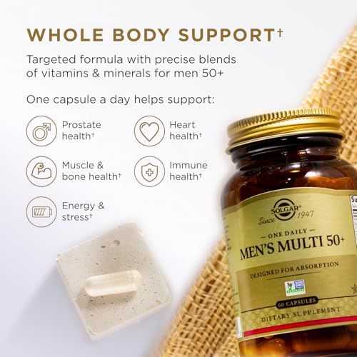 Solgar One Daily Men's Multi 50+ Whole Body Support for Men 50 and Older Highly Absorbable Delayed Release Heart, Energy, Stress, Muscle, Bone, Prostate Support Vitamin 60 Vegan Capsules, 60 Servings