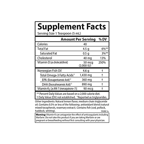 Carlson - Omega-3 + D & K, 1430 mg omega-3s, 2000 IU (50 mcg) D3, 90 mcg K2 as MK-7, Heart Health, Bone Support, Lemon, 200 mL