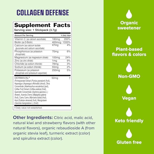 Ultima Replenisher Collagen Defense Supplement and Electrolytes Powder - Kiwi Strawberry, 13 Stickpacks - Hydration Packets with Dermaval and Biotin that Keep Your Skin Hydrated and Looking Radiant