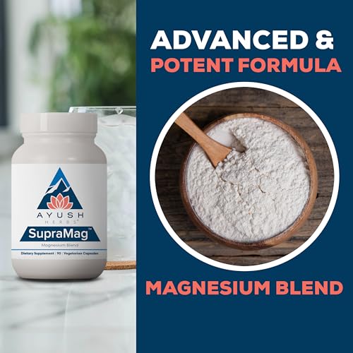 Ayush Herbs SupraMag - Magnesium Blend, 400mg Magnesium Complex Supplement with Chelated Magnesium Bisglycinate, Citrate, Ororate for Sleep, Energy, & Brain Health - 90 Vegetarian Capsules (1 Count)