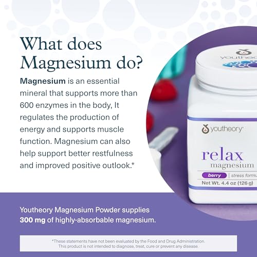 Youtheory Relax Magnesium Powder - Vegan Stress Relief Supplement with L-Theanine & GABA* - Supports Relaxation* - Dairy, Soy & Gluten Free - Berry, 4.4 oz