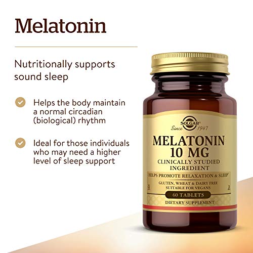 Solgar Melatonin 10mg Tablets HighDosage Helps Promote Relaxation Sleep ClinicallyStudied Melatonin Supports Natural Sleep Cycle Vegan Gluten Free Dairy Free Kosher Servings, 60 Count