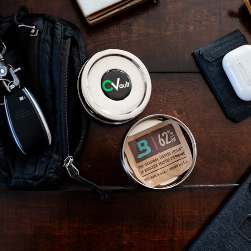 CVault by Boveda | 1/4 oz Twist Top Storage Container | Shatterproof, Air Tight & Light Resistant | Food Grade Stainless Steel | Includes 62% RH 8-gram Boveda Pack