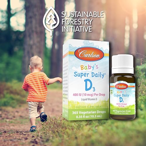 Carlson - Baby's Super Daily D3, Baby Vitamin D Drops, 400 IU (10 mcg) per Drop, 1-Year Supply, Vegetarian, Liquid Vitamin D Drops for Infants and Toddlers, Unflavored, 365 Drops