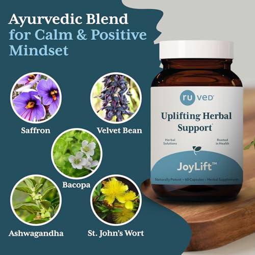 ruved Joylift, Uplifting Herbal Formula with Saffron, Berberine and St. Johns Wort, Promotes Calm and Positive Outlook, Ayurvedic Herbal Supplement, 60 Vegetarian Capsules.