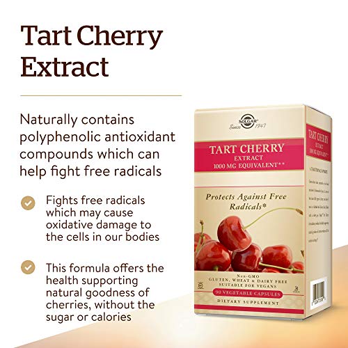 Solgar Tart Cherry 1000 mg, 90 Vegetable Capsules - Antioxidant with Quercetin, Chlorogenic Acid & Anthocyanins Compounds - Non GMO, Vegan, Gluten Free, Dairy Free - 90 Servings, Cherry, Standard Packaging