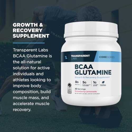 Transparent Labs BCAA Glutamine - 8000 Mg of BCAA Powder with L Glutamine for Post Workout Recovery, Muscle Growth, & Increased Endurance - 30 Servings, Strawberry Lemonade