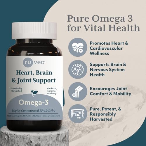 ruved 1000mg Omega-3, Pure and Potent Omega 3 for Daily Wellness, Essential Fatty Acids for Brain, Joint and Overall Health, 60 Softgels