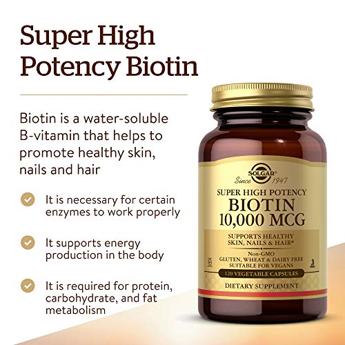 Solgar Biotin 10000 mcg Vegetable Capsules Energy Metabolism Promotes Healthy Skin Nails Hair Super High Potency NonGMO Vegan Gluten Free Dairy Free Kosher Servings, Standard Packaging, Unflavored, 120 Count