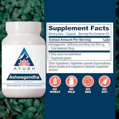 Ayush Herbs Ashwagandha Capsules - Ashwagandha for Men & Women, Ashwagandha Supplements, Pure Ashwagandha Root Powder for Stress, 500mg per Pill - 60 Vegetarian Caplets (1 Count)