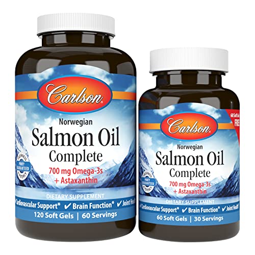 Carlson - Salmon Oil Complete, 700 mg Omega-3s + Astaxanthin, Norwegian, Heart, Brain & Joint Health, 120+60 Softgels