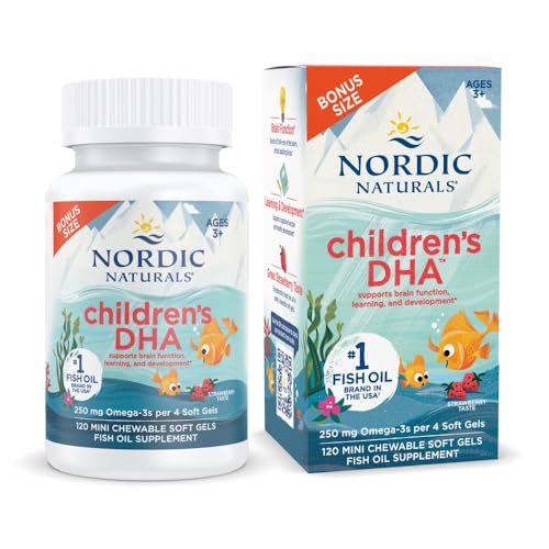 Nordic Naturals Childrens DHA, Strawberry - 120 Mini Chewable Soft Gels for Kids - 250 mg Omega-3 with EPA & DHA - Brain Development & Function - Non-GMO - 30 Servings