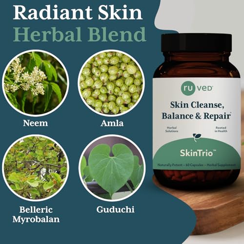 ruved SkinTrio - Neem Pills, Neem Supplement, Neem Capsules with Organic Neem Extract & Amla for Acne, Clear Skin Supplement - 60 Vegetarian Capsules (1 Count)
