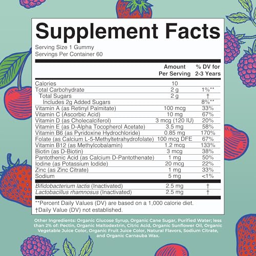 MaryRuth Organics Toddler Multivitamin Gummies + Postbiotics | USDA Organic | Vitamins for Kids Ages 2+ | Immune Support | Vitamin C | Vitamin D3 | Vitamin A | Zinc | Vegan | Non-GMO | 60 Servings