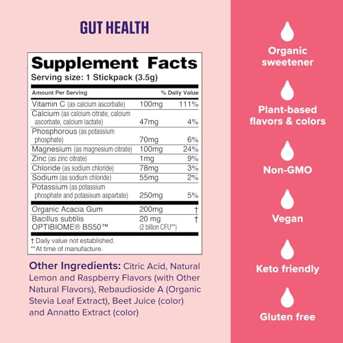 Ultima Replenisher Gut Health Supplement and Electrolytes Powder - Raspberry Lemonade, 14 Stickpacks - Hydration Packets with Added Gut Health Benefits