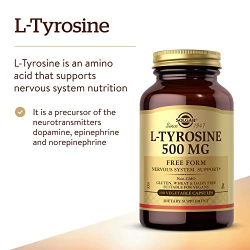 Solgar L-Tyrosine 500 mg, 100 Vegetable Capsules - Brain & Nervous System Support - Vegan, Gluten Free, Dairy Free, Kosher - 100 Servings ,Standard Packaging