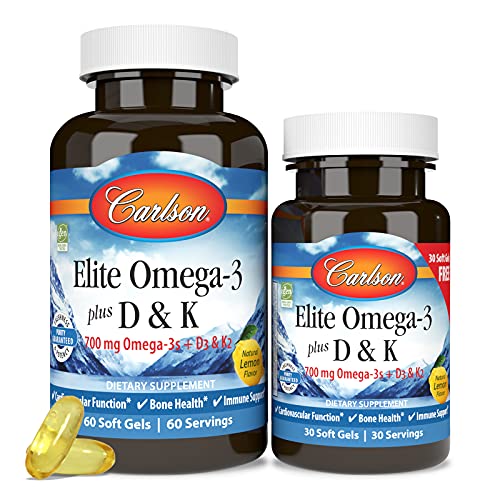 Carlson - Elite Omega-3 Plus D & K, 700 mg Omega-3s + D3 & K2, Function, Bone Health & Immune Support, Lemon, 60+30 Softgel