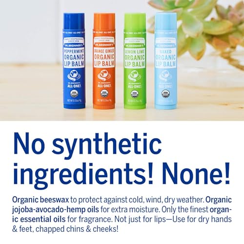 Dr. Bronners Organic Lip Balm 6-Pack (.15oz) Natural, Moisturizing, Petroleum-Free Lip Moisturizer with Beeswax & Avocado Oil for Dry Lips, Men & Women - Unscented