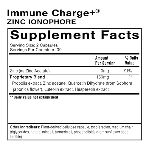 Quicksilver Scientific Immune Charge+ Zinc Ionophore - Zinc Supplement Complexed with Quercetin, Luteolin, Hesperetin Immune + GI Support (60 Capsules)