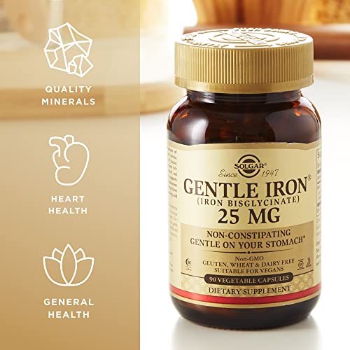 Solgar Gentle Iron (Iron Bisglycinate) 25 mg - 90 Vegetable Capsules - Non-Constipating, Gentle on Your Stomach - Gluten Free - 90 Servings