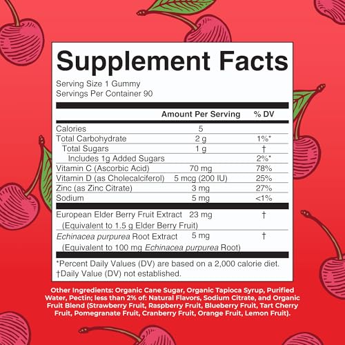Mary Ruth's 5-1 Immunity Gummies with Elderberry for Kids & Adults | Cherry | Pectin Based | Vegan | 90 Count