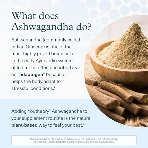 Youtheory Ashwagandha - 1,000 mg - Stress Support Supplement - Cortisol Support Supplement - Gluten, Dairy & Soy Free - 60 Vegetarian Capsules
